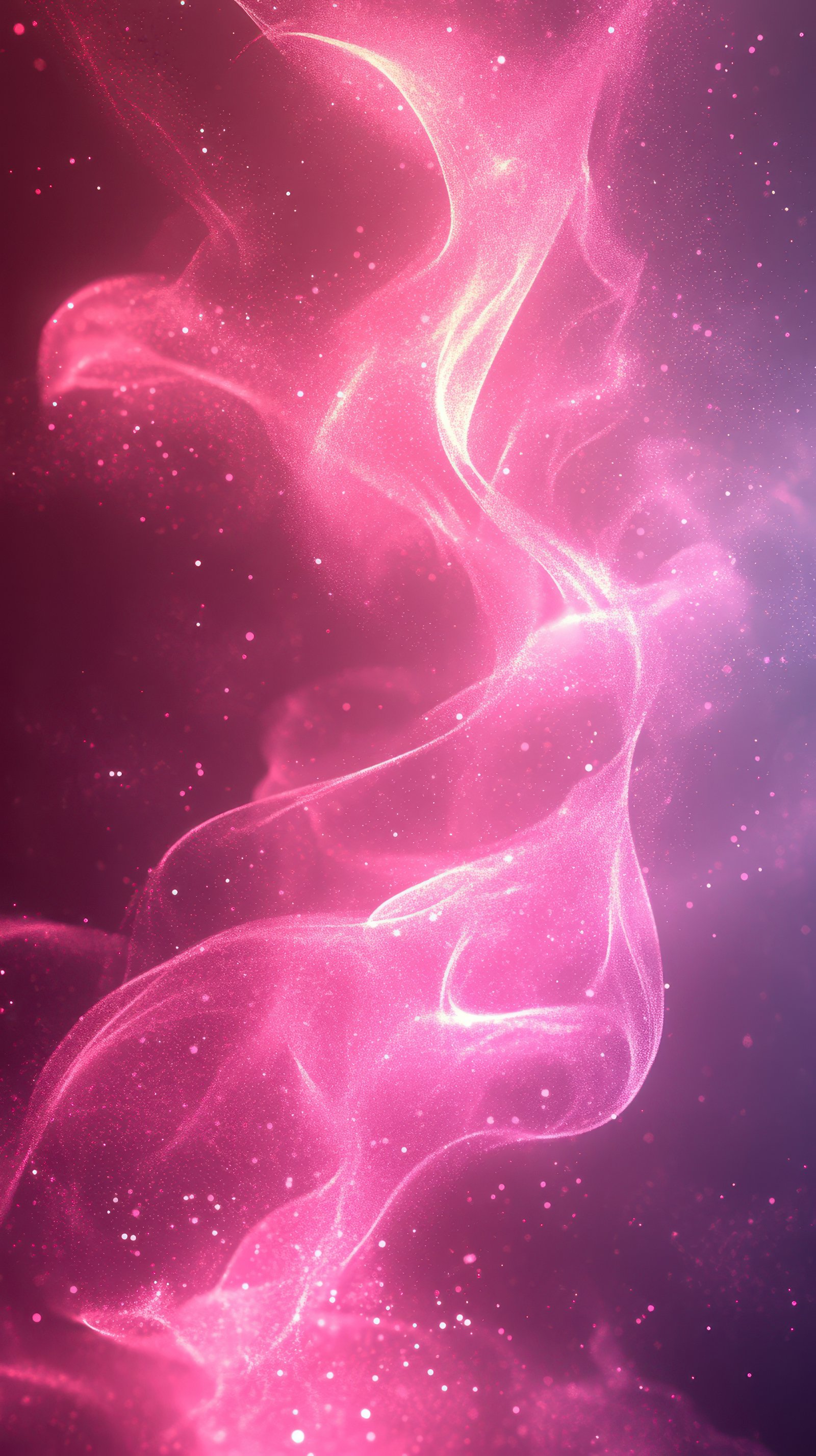 Colorful abstract swirls of pink and purple mist create a mesmerizing visual display in a cosmic setting